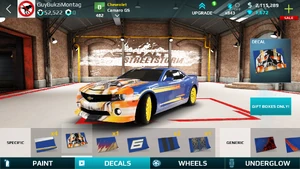 A Chevrolet Camaro GS in default blue equipped with the Flaming Skull decal