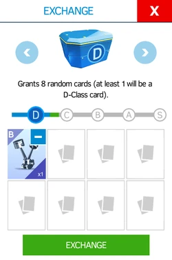 The blue bar shows the player's current amount of Exchange Points. The green bar indicates the amount of Exchange Points that would be added if the currently selected cards were exchanged with the Exchange button.