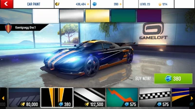 A Koenigsegg One:1 with a decal on, Asphalt 8: Airborne.