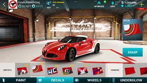 An Alfa Romeo 4C in default red equipped with the Race I decal