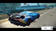 A post-race Lamborghini Veneno jumping across the gaps in the harbor. In the background is one of the 2 large cruise ships that are each designated "Gameloft".