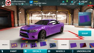 A Dodge Charger SRT Hellcat in default purple equipped with the Stripes II decal