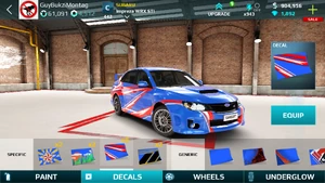 A Subaru Impreza WRX STI in default blue equipped with the Race II decal