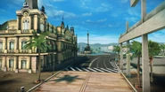 Pre-race screen featuring Barcelona's Old Customs Building on the left and the Columbus Monument in the distance.