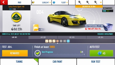 Overview screen. Used from the Car Blueprints Update to Halloween Update, with the Blueprints counter added in.