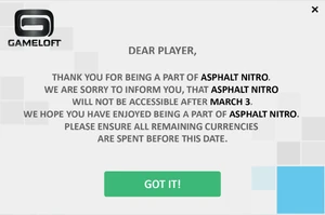 Gameloft pop-up message for the shutdown notice.