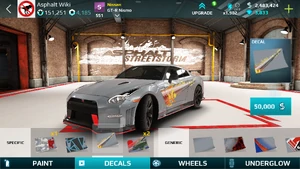 A Nissan GT-R Nismo in default gray equipped with the Flame Drill decal