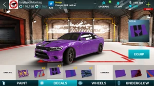 A Dodge Charger SRT Hellcat in default purple equipped with the Stripes I decal