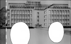 Das Hauptgebäude der Kunugigaoka-Mittelschule im Manga