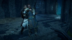 Basim holding Sigurd hostage