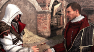 Ezio overhandigt de gecodeerde brief aan Machiavelli