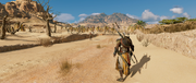 Bayek finds a man rambling while walking down the road