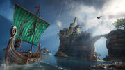 Promotional screenshot of Eivor sailing aboard her personal longship, the Sea-Chariot