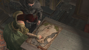 Sofia and Ezio examining Niccolò Polo's map