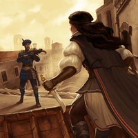 Dariâ on a rooftop confronted with a crossbowman