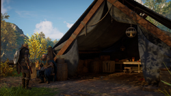 Gunnar approached by Eivor outside his makeshift tent