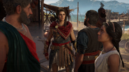 Timosa arguing with the magistrate, with Kassandra and Natakas observing