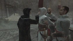 Rashid praat met een in bedwang gehouden Altaïr