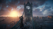 Lydia using the rope launcher to climb Tower Bridge