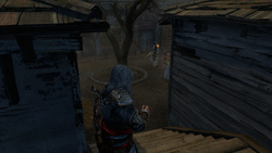 Ezio firing a poison dart at Mirela Djuric