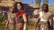 Kassandra and the brothers listening to Hypatos' explanation