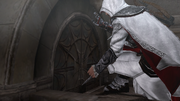 Ezio Auditore unlocking a secret entrance with the Hidden Blade