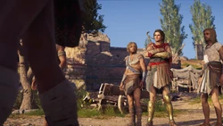 Hypatos leaving the area as Kassandra and the brothers looked on