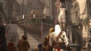 Altaïr observing Abu'l addressing his audience