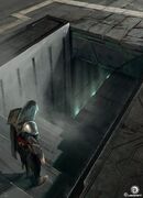 Concept art of Ezio entering the library