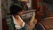 Aveline holding a page from Jeanne's diary