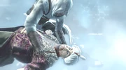 Altaïr manchando una pluma con la sangre de Abu'l.