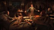 Oswald having a feast with Eivor, Finnr, Brothir and Broder