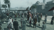 Altaïr dissimulé parmi la foule lors de la dispute entre les deux Croisés