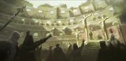 Ezio observing the Passion play inside the Colosseum