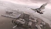 Ezio using the Flying Machine over Forlì