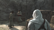 Altaïr écoutant la conversation entre la femme et le vannier