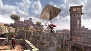 Ezio using a parachute to air assassinate a guard