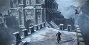 Ezio atravesando las almenas de la fortaleza, por Gilles Beloeil.