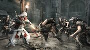 Ezio shooting a member of the Followers of Romulus