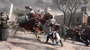 Ezio attacking a horseman with a spear