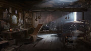 Concept art of the tattoo parlor interior.