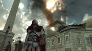 Ezio Auditore walking away from a Borgia tower