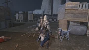 Ratonhnhaké:ton standing by a guard dog