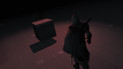 Ezio standing next to a cube inside a Cluster