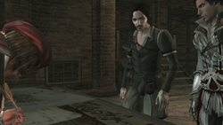 Antonio discutiendo con Ezio y Leonardo.