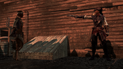 Aveline holding Patience at gunpoint