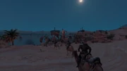 Bayek charging the beached camp with the rebels