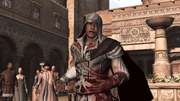 Ezio announcing his presence to the crowd.