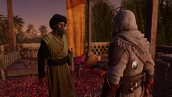 The teahouse owner telling Basim about the rebel's widow and her missing son