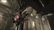 Ezio leaping across the rafters.